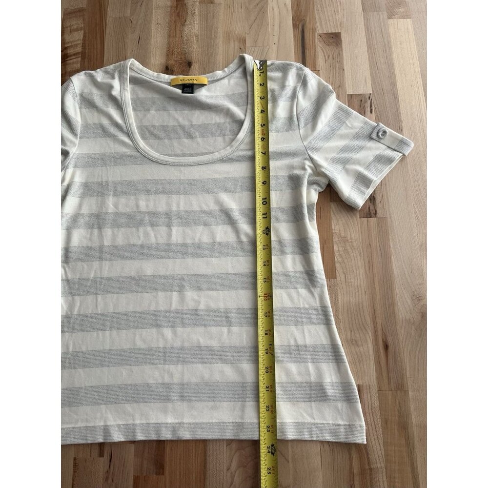 St John Women's Short Sleeve Stretch Knit Top Ivory Metallic Silver Stripe M - Picture 5 of 8